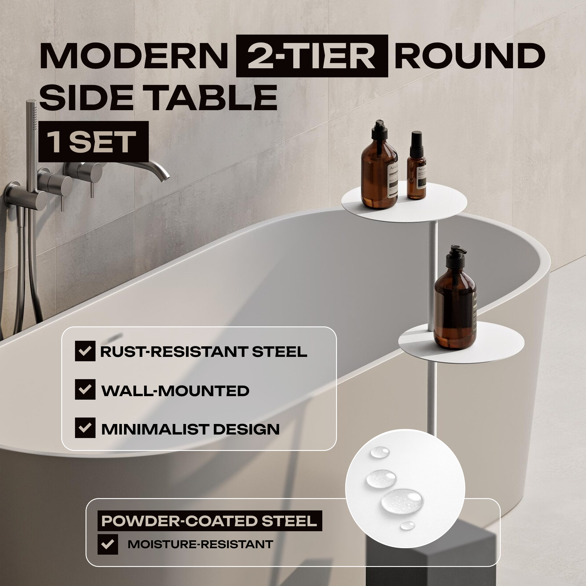 Tavolino da bagno moderno con base in cemento – Supporto in acciaio minimalista per vasca da bagno e asciugamani