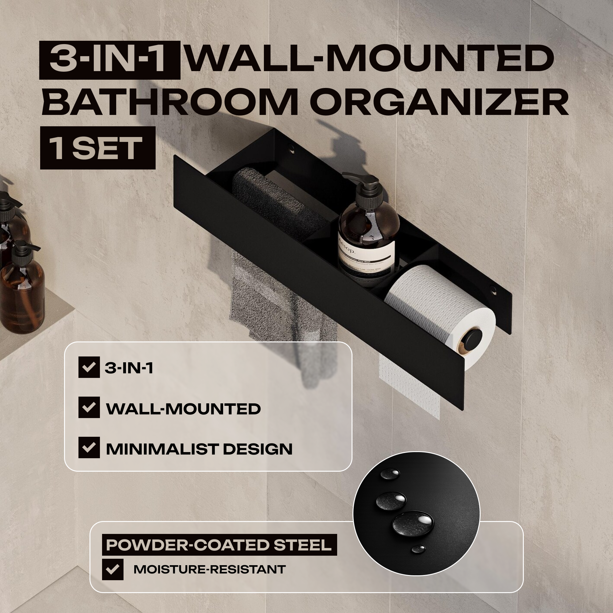 3-in-1 Bathroom Wall Shelf – Towel Bar & Toilet Paper Holder