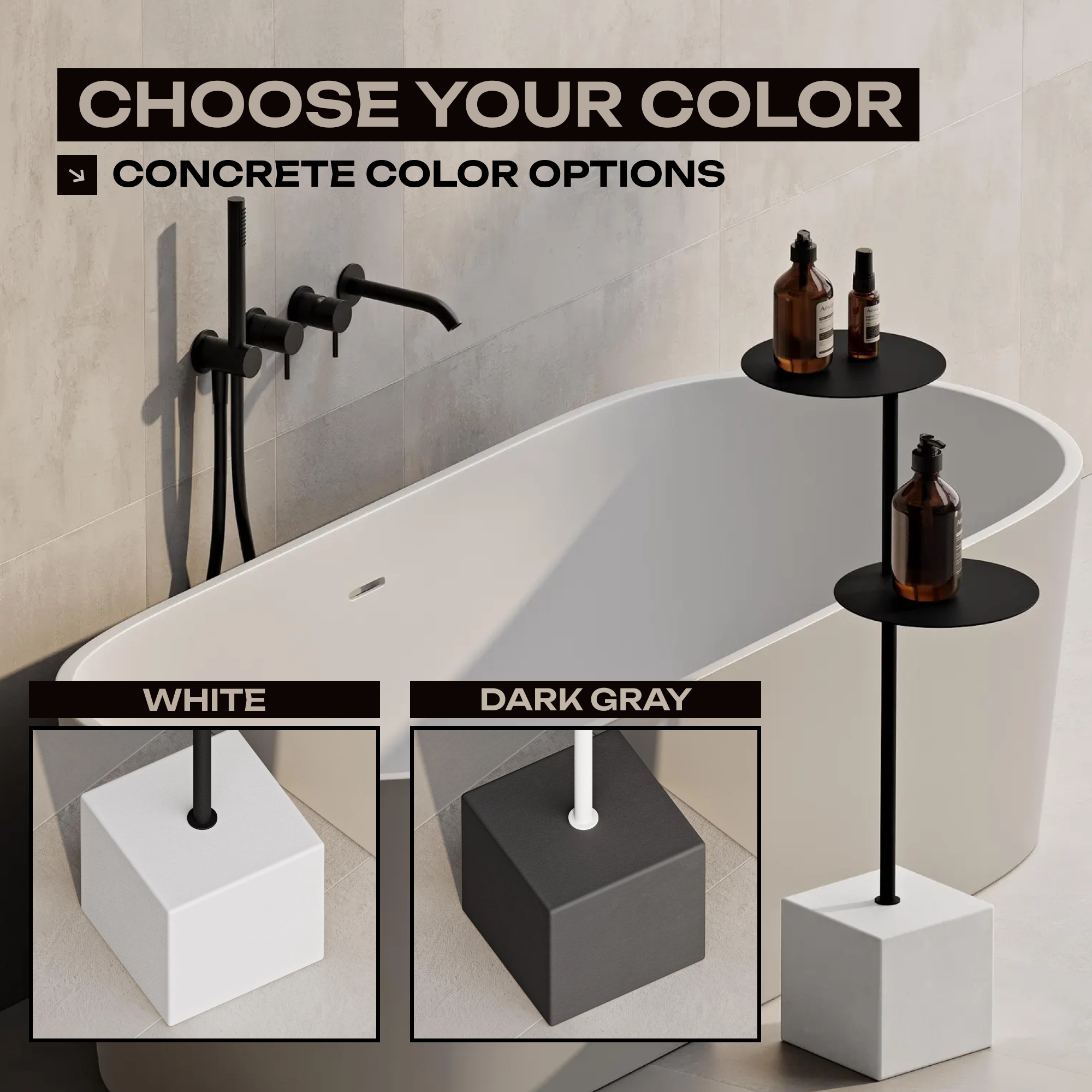 Tavolino da bagno moderno con base in cemento – Supporto in acciaio minimalista per vasca da bagno e asciugamani