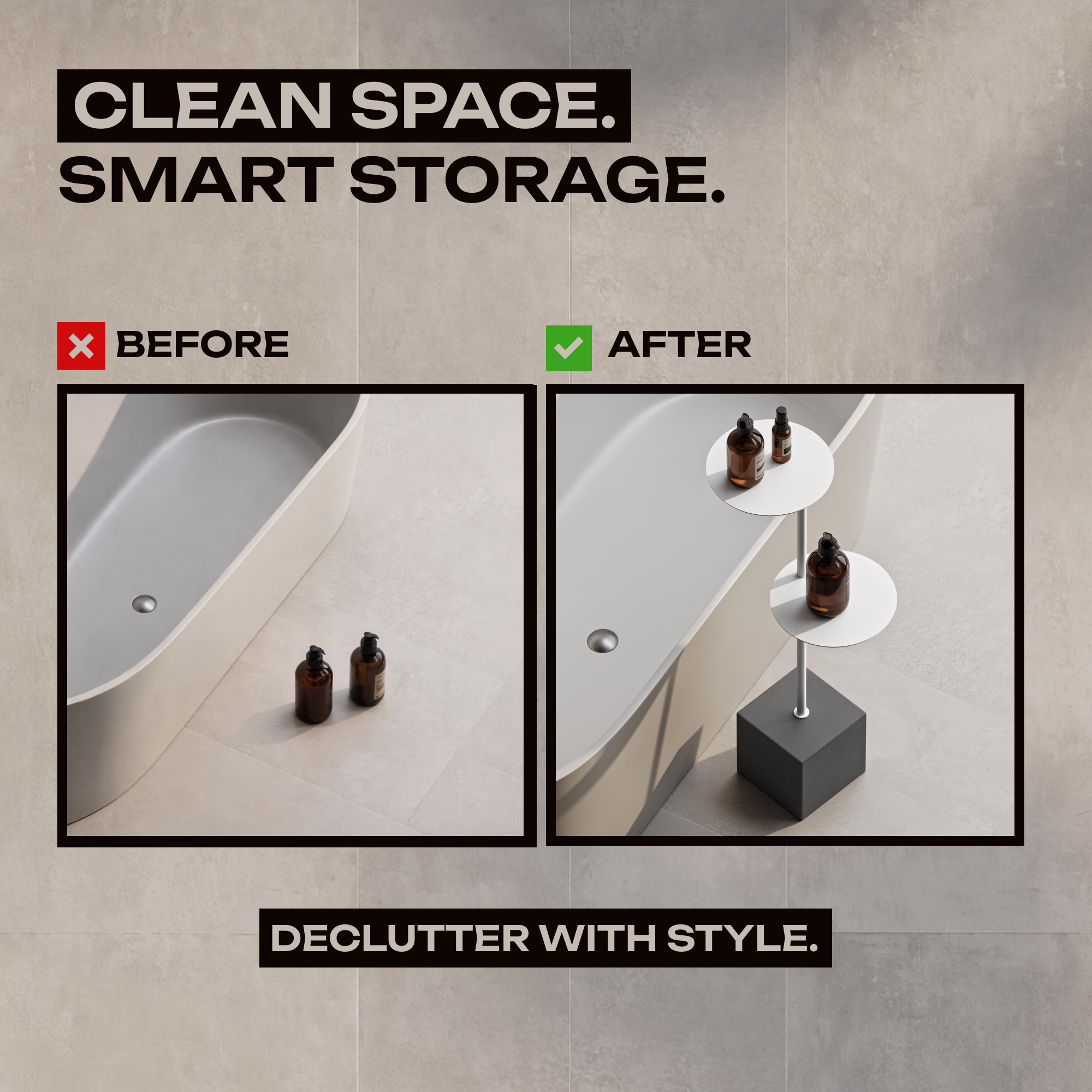 Tavolino da bagno moderno con base in cemento – Supporto in acciaio minimalista per vasca da bagno e asciugamani