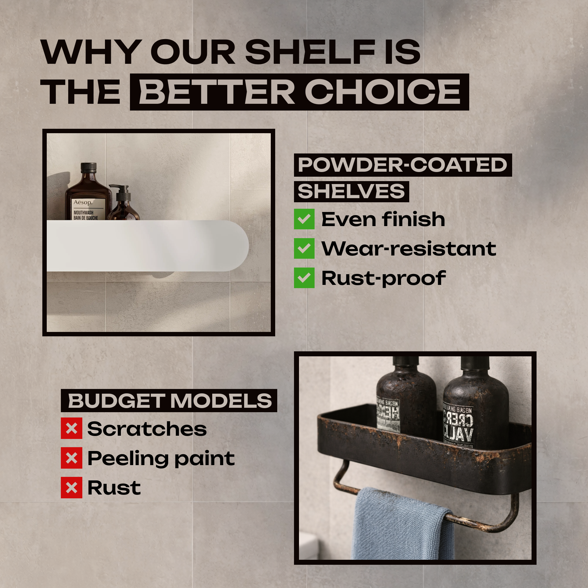 Black Wall Mounted Bathroom Shelf – Metal Floating Storage Rack for Toiletries