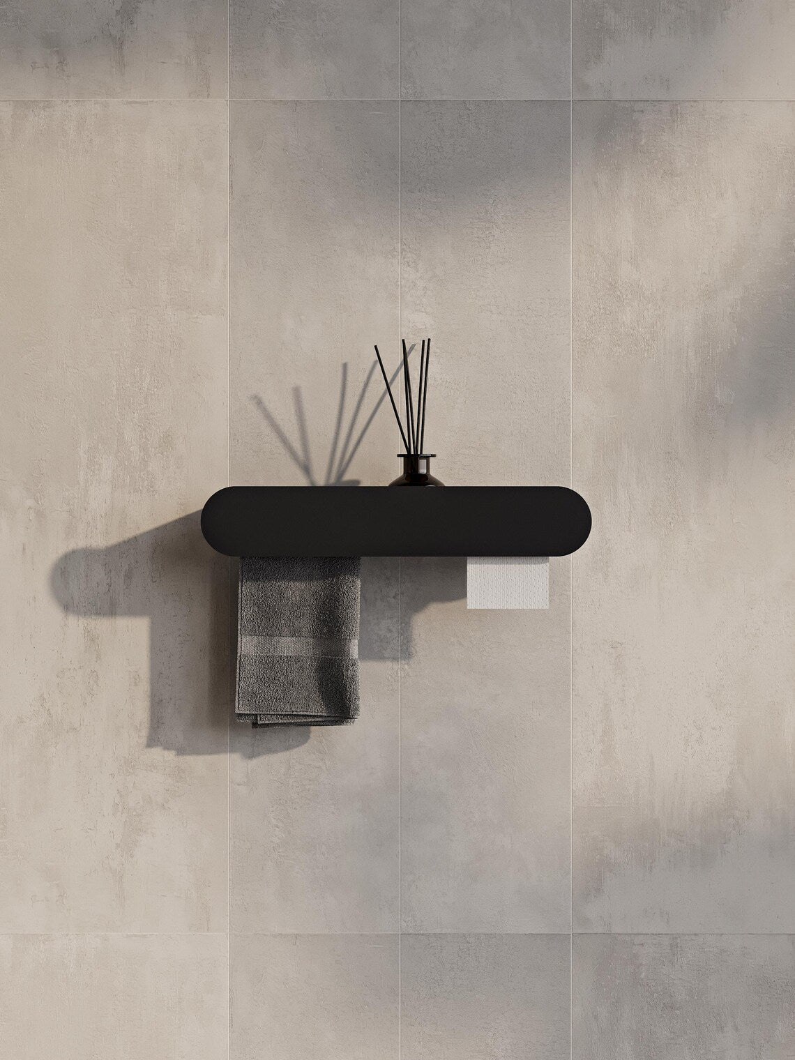 Wall Mounted Bathroom Shelf with Toilet Paper Holder – Matte Black Towel Rack