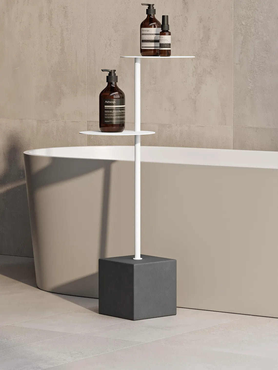 Tavolino da bagno moderno con base in cemento – Supporto in acciaio minimalista per vasca da bagno e asciugamani