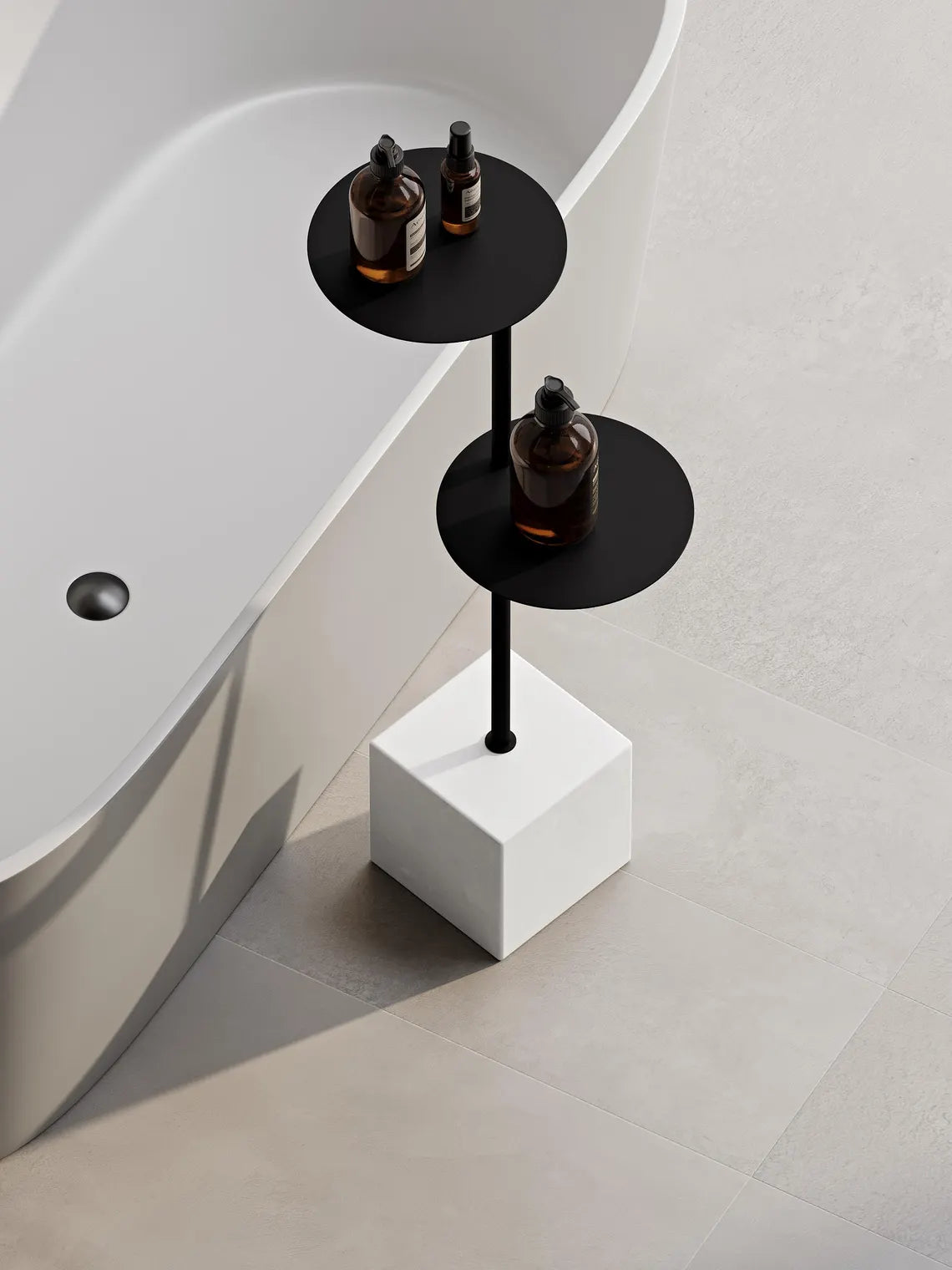Tavolino da bagno moderno con base in cemento – Supporto in acciaio minimalista per vasca da bagno e asciugamani