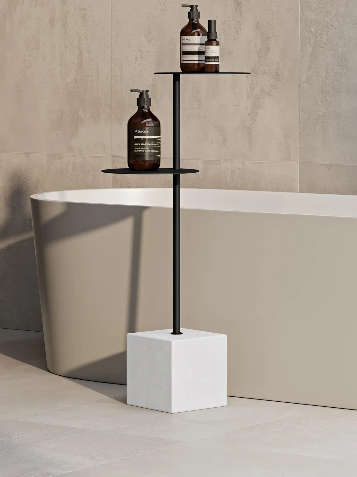 Tavolino da bagno moderno con base in cemento – Supporto in acciaio minimalista per vasca da bagno e asciugamani