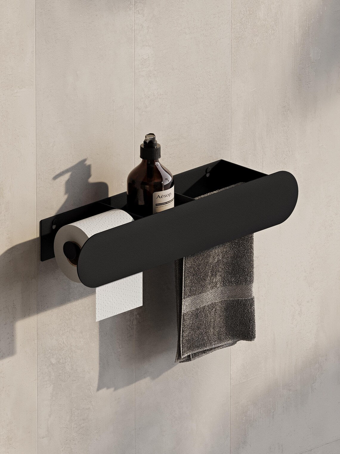Wall Mounted Bathroom Shelf with Toilet Paper Holder – Matte Black Towel Rack