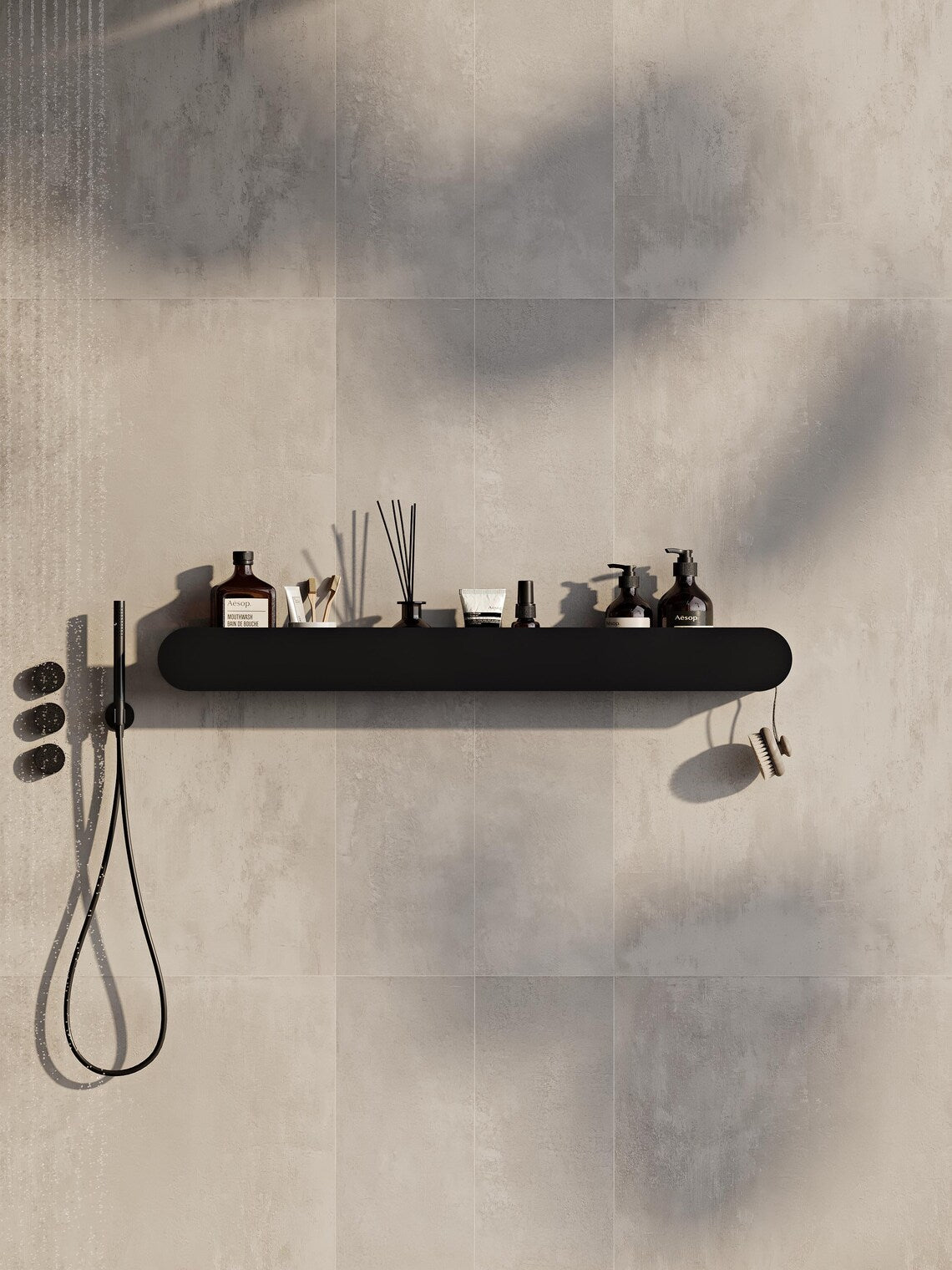 Mensola da bagno nera da parete – Mensola portaoggetti galleggiante in metallo per articoli da toeletta