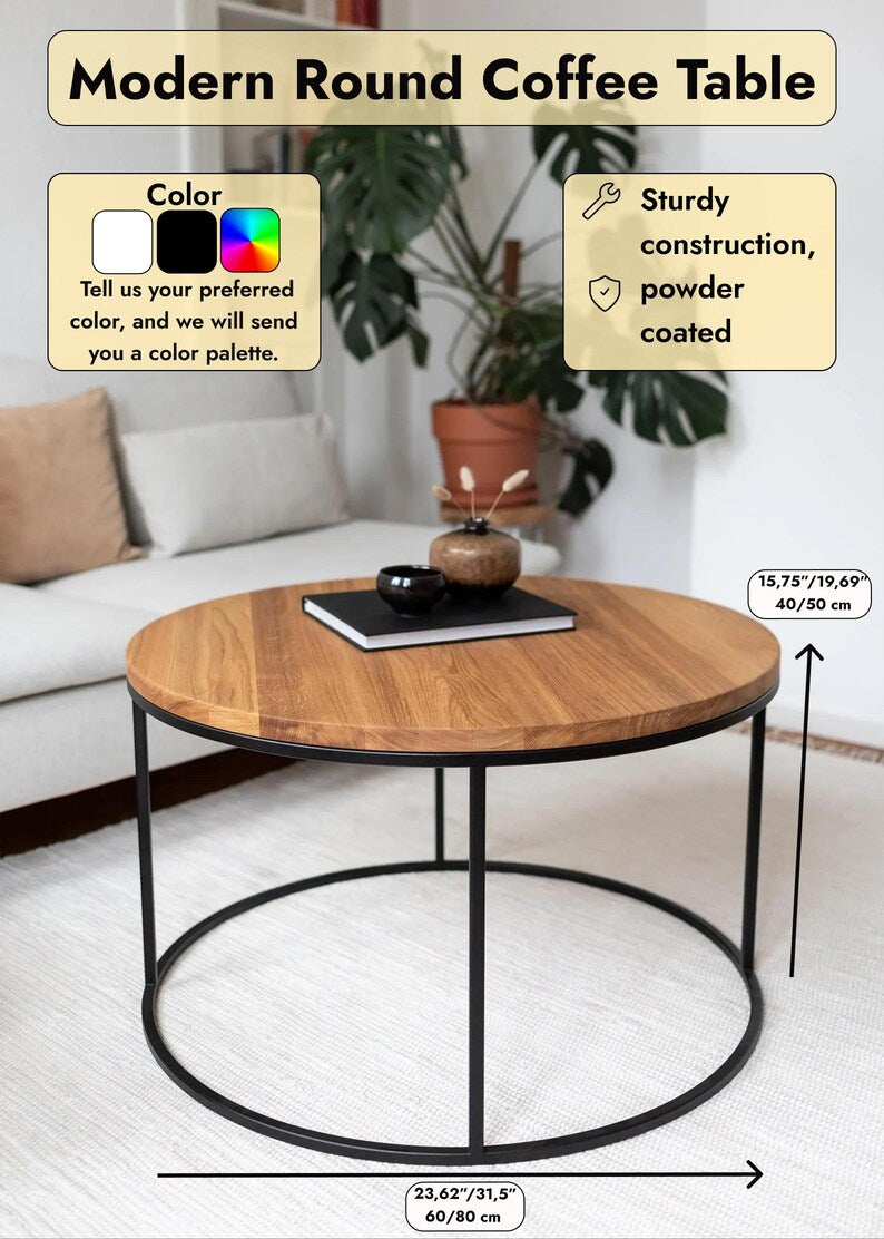 Tavolino rotondo – Piano in legno naturale e gambe in metallo nero