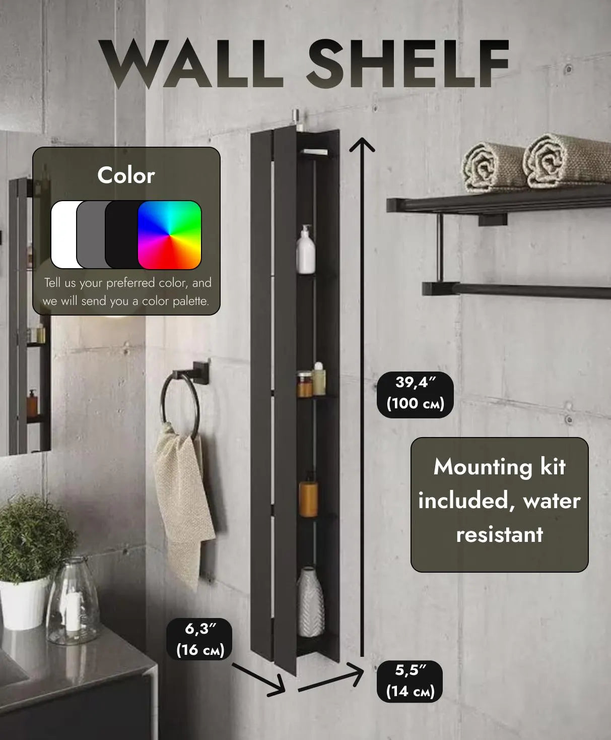 Organizer verticale per bagno nero | Moderno scaffale portaoggetti nero opaco