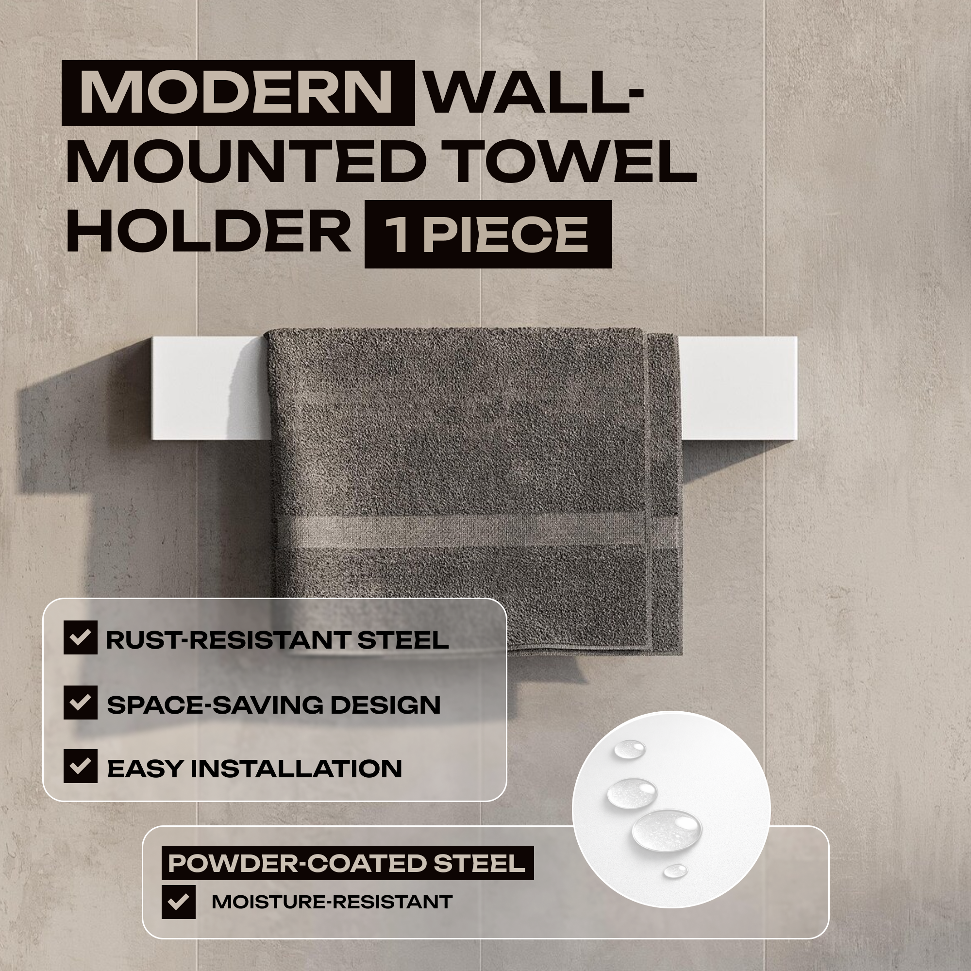 Wall-Mounted Steel Towel Bar | Minimalist Bathroom Towel Holder (Black or White)