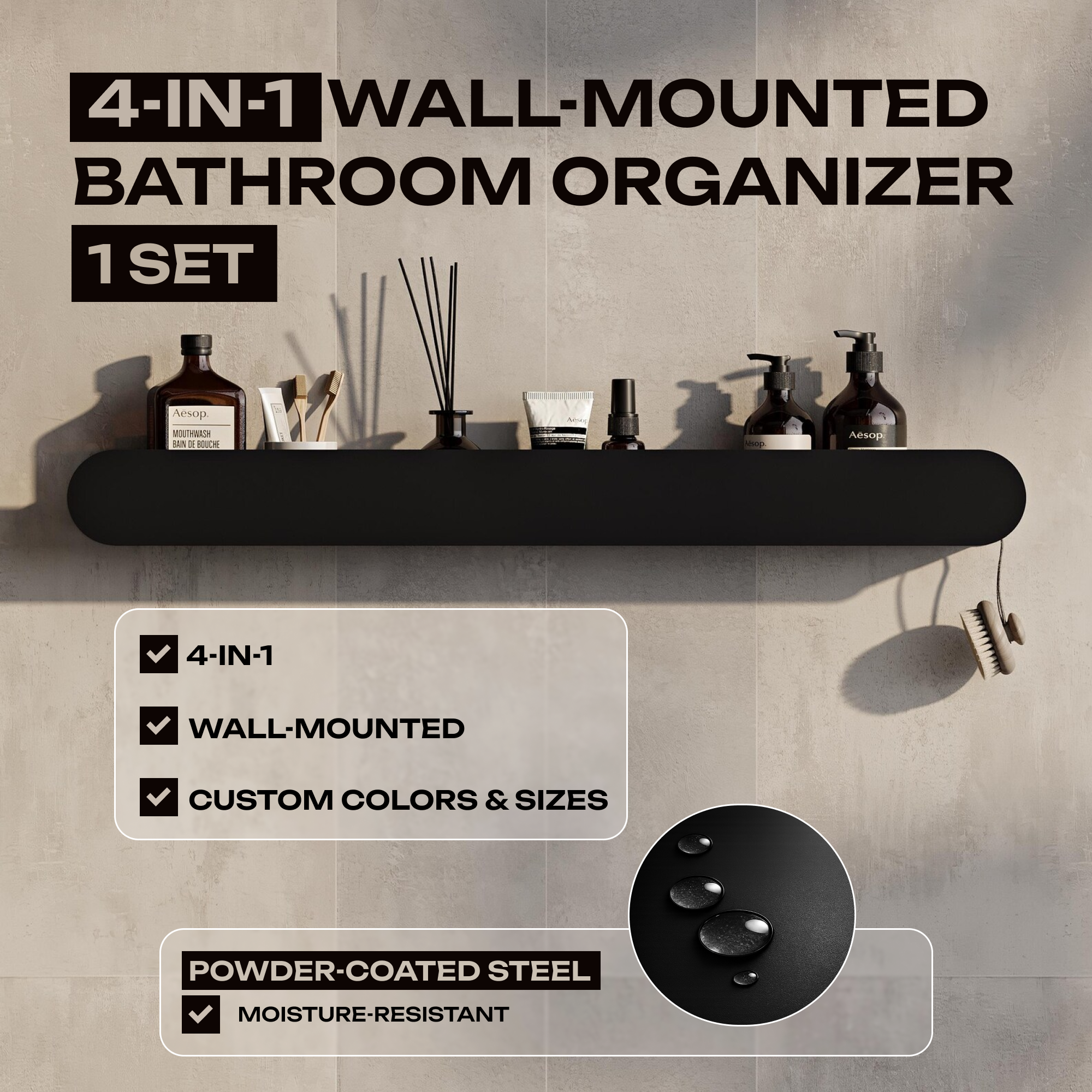 Black Wall Mounted Bathroom Shelf – Metal Floating Storage Rack for Toiletries
