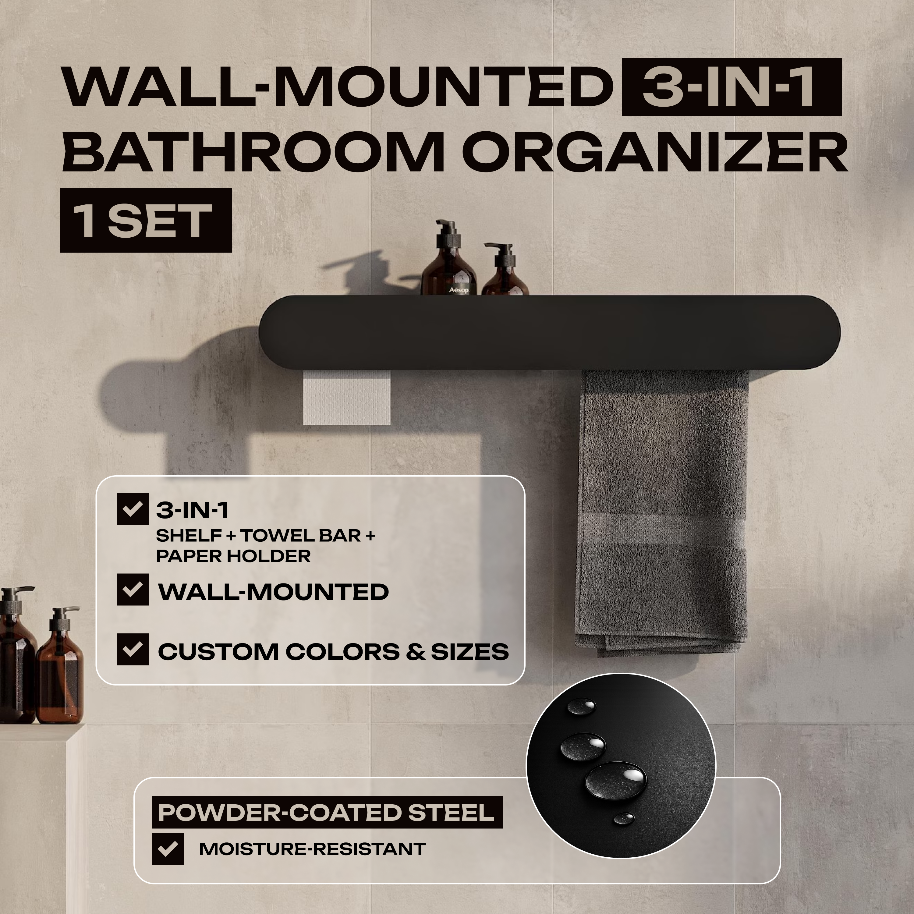 Wall-Mounted Bathroom Shelf with Towel Bar & Toilet Paper Holder