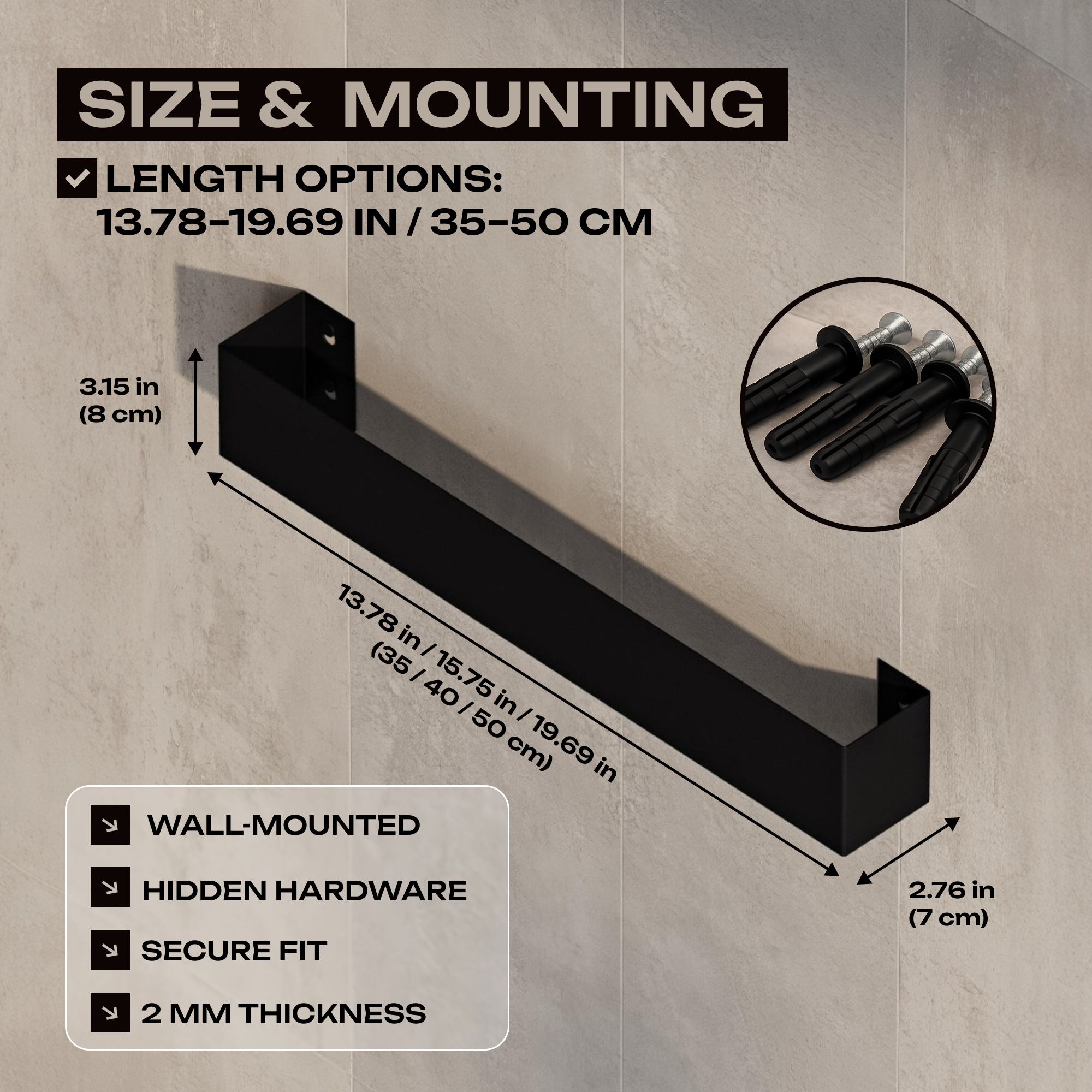 Wall-Mounted Steel Towel Bar | Minimalist Bathroom Towel Holder (Black or White)