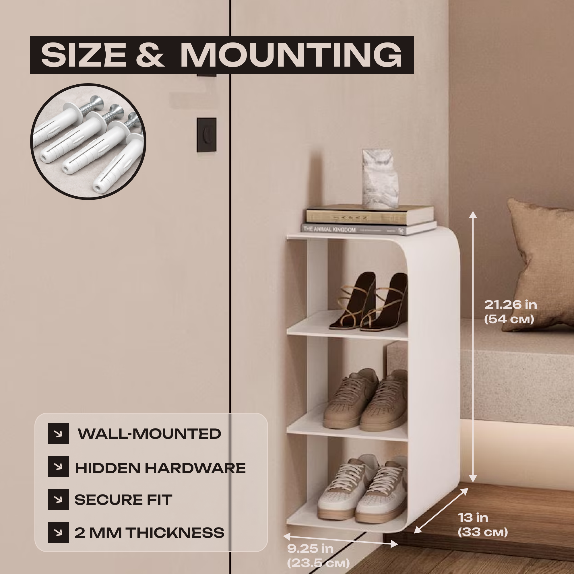 Wall Mounted 3-Tier Shoe Rack – Black Steel Entryway Storage Shelf