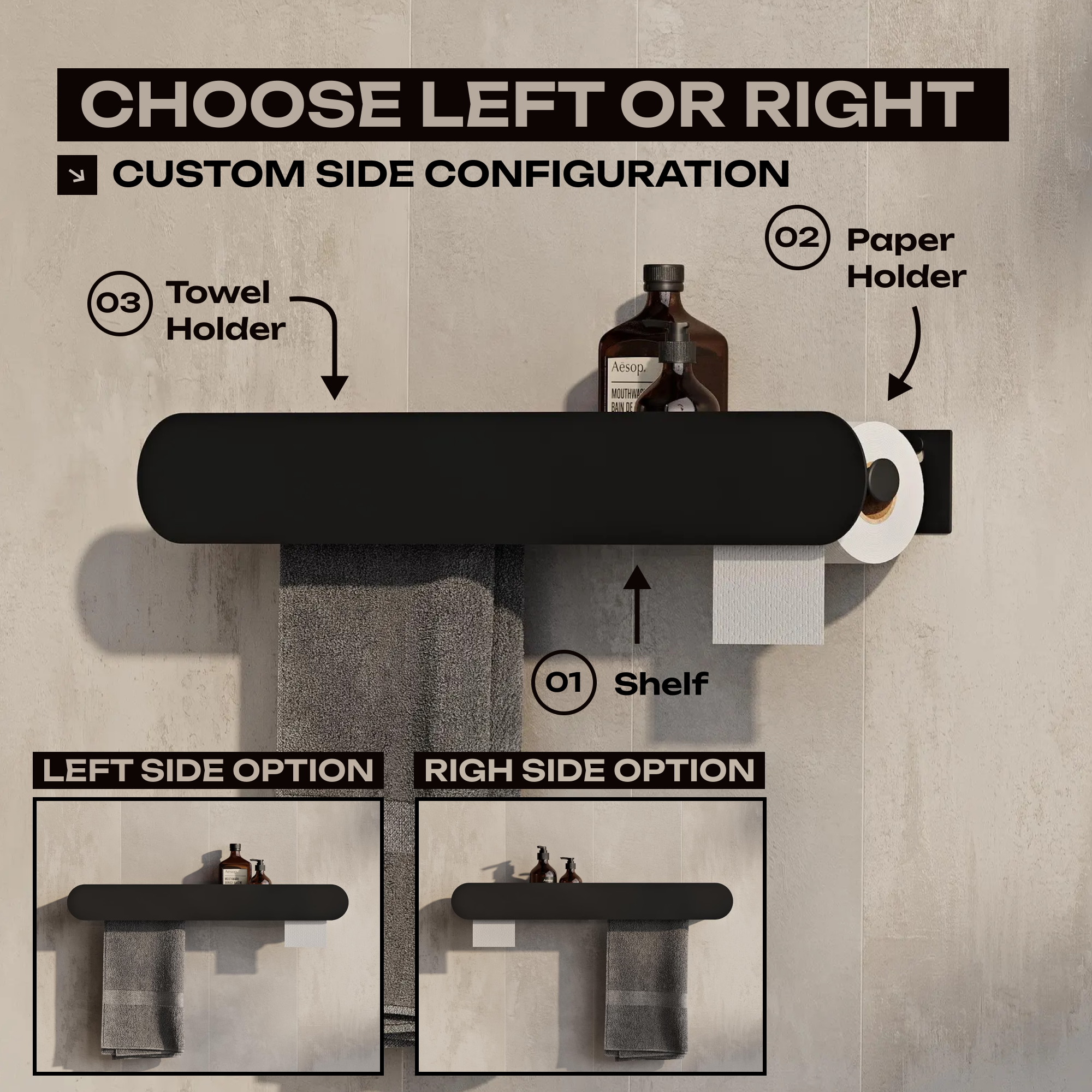 Wall-Mounted Bathroom Shelf with Towel Bar & Toilet Paper Holder