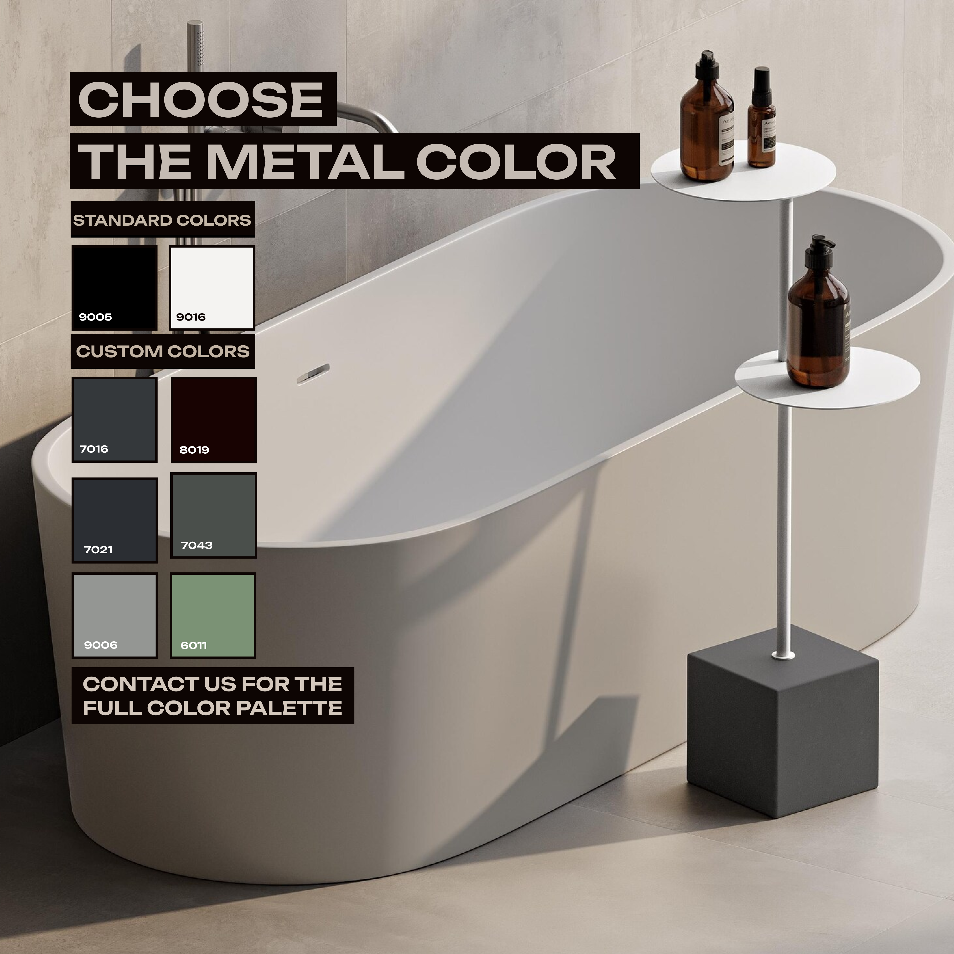 Tavolino da bagno moderno con base in cemento – Supporto in acciaio minimalista per vasca da bagno e asciugamani
