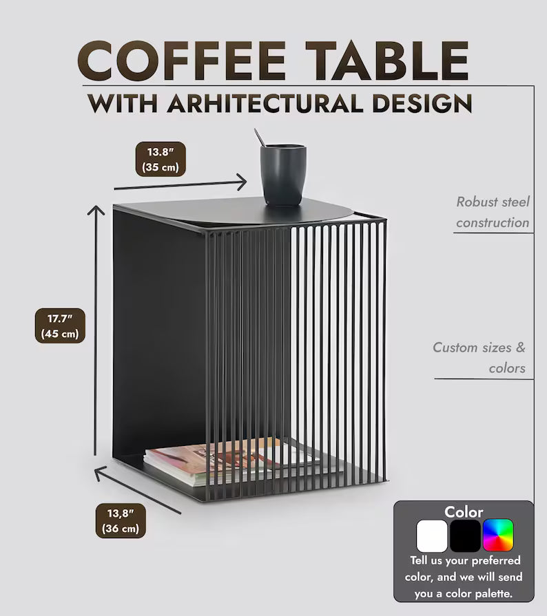Tavolino da caffè in metallo nero con design architettonico