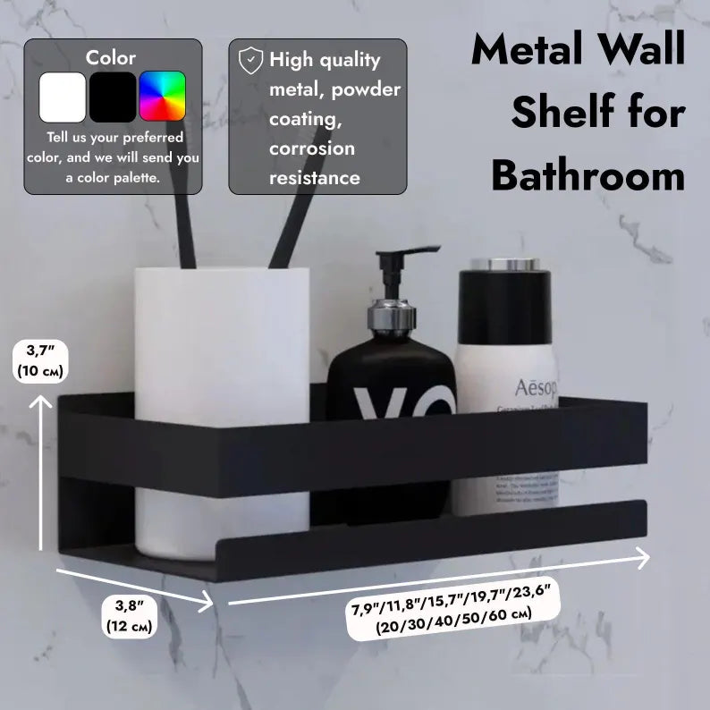 Narrow Wall-Mounted Metal Bathroom Shelf – Black or White