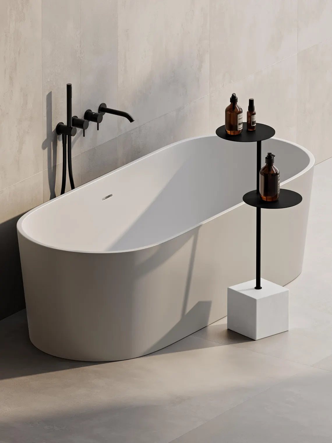 Tavolino da bagno moderno con base in cemento – Supporto in acciaio minimalista per vasca da bagno e asciugamani