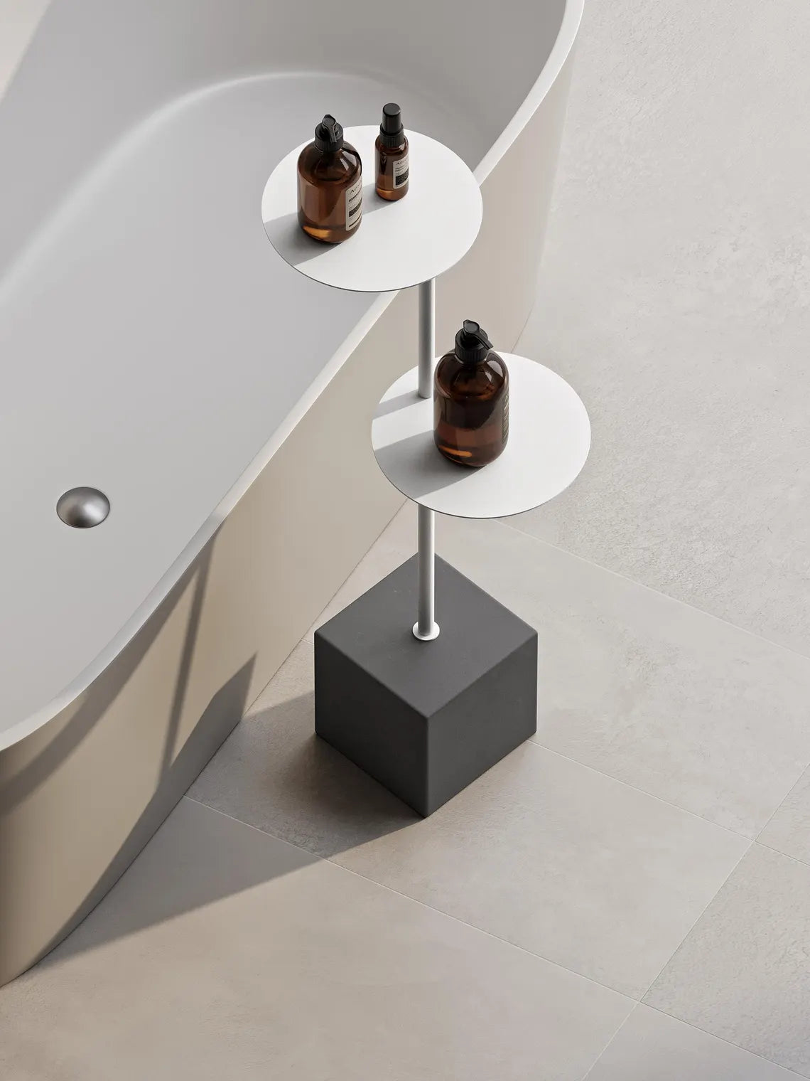 Tavolino da bagno moderno con base in cemento – Supporto in acciaio minimalista per vasca da bagno e asciugamani
