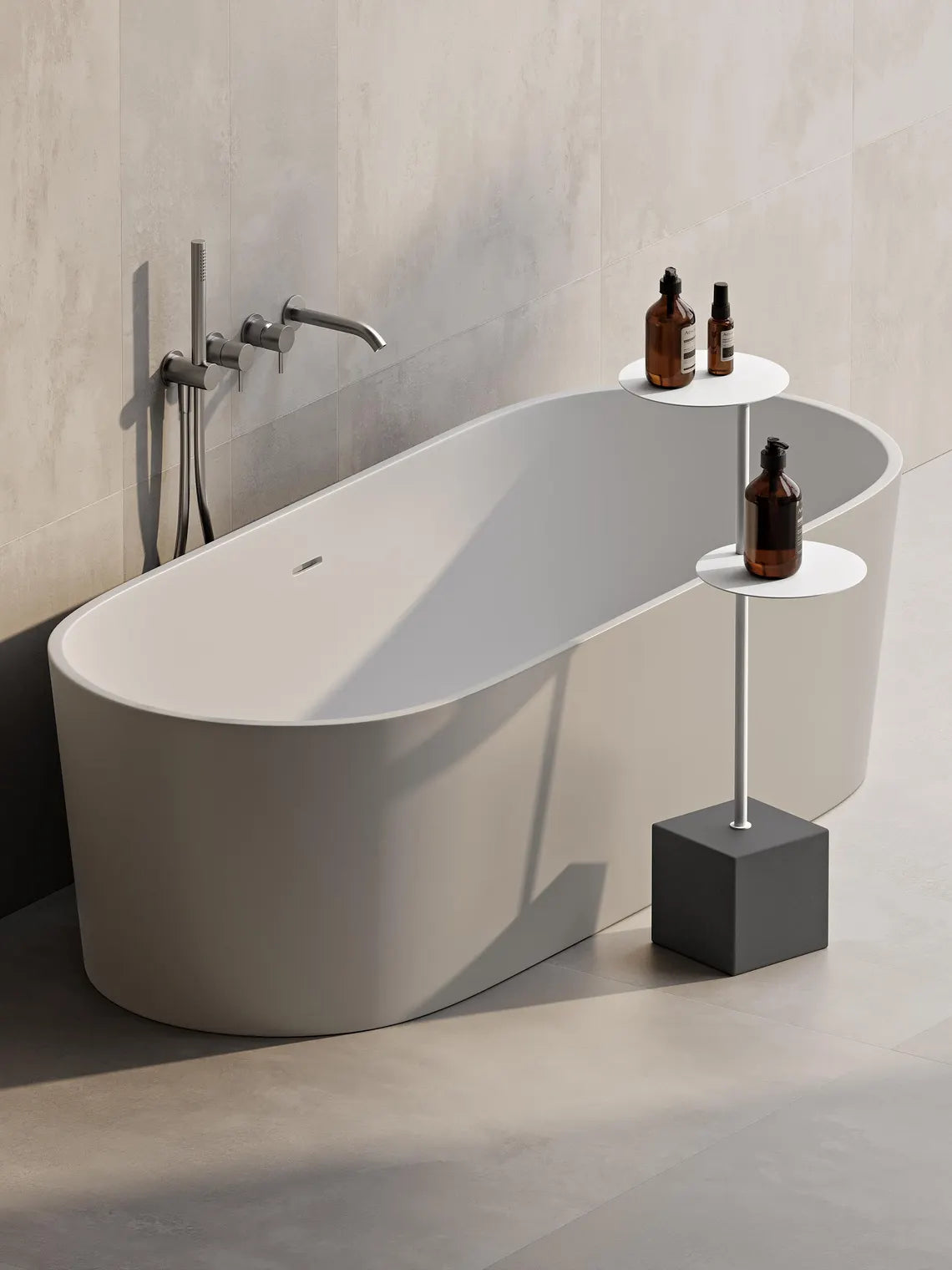 Tavolino da bagno moderno con base in cemento – Supporto in acciaio minimalista per vasca da bagno e asciugamani