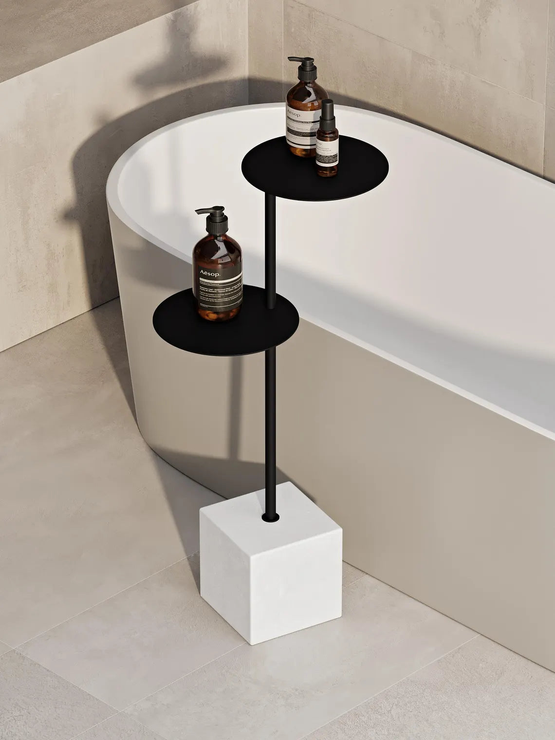 Tavolino da bagno moderno con base in cemento – Supporto in acciaio minimalista per vasca da bagno e asciugamani