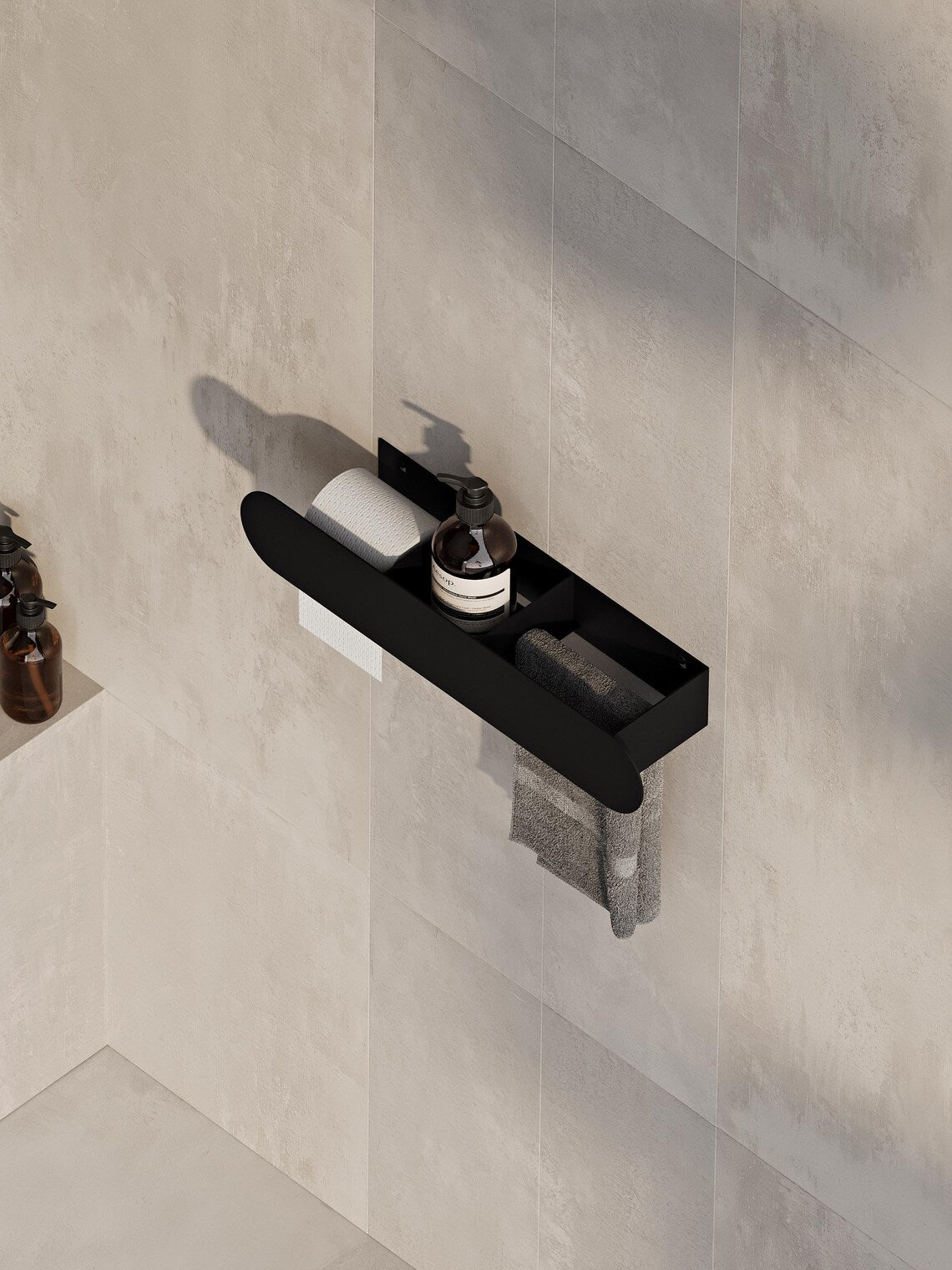 Wall Mounted Bathroom Shelf with Toilet Paper Holder – Matte Black Towel Rack