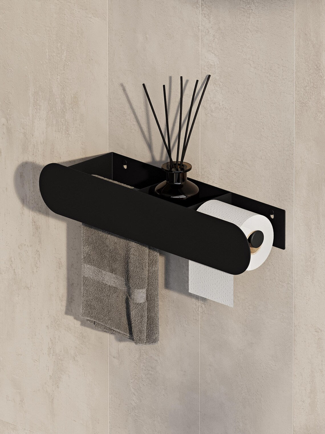 Wall Mounted Bathroom Shelf with Toilet Paper Holder – Matte Black Towel Rack