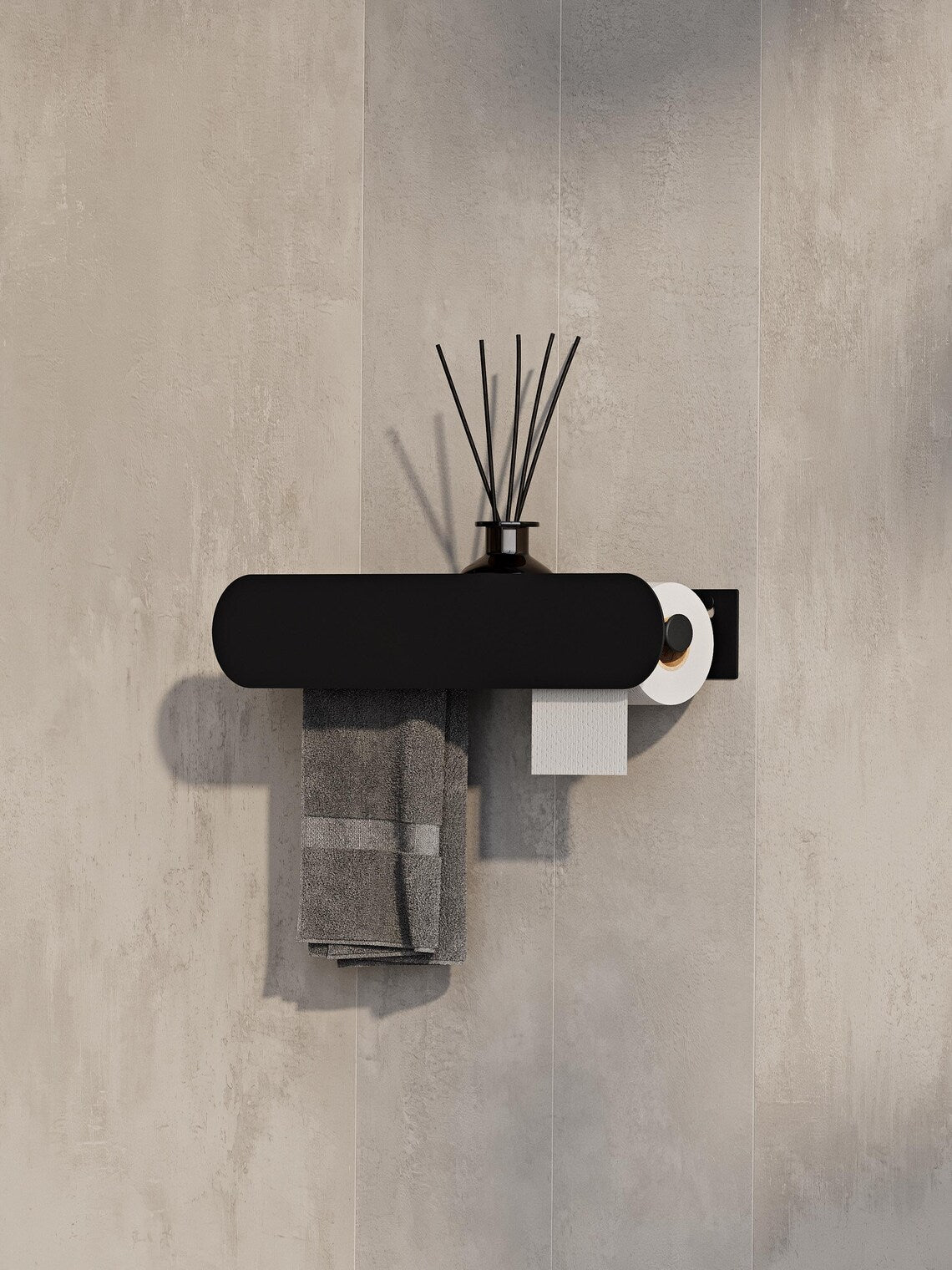 Wall Mounted Bathroom Shelf with Toilet Paper Holder – Matte Black Towel Rack