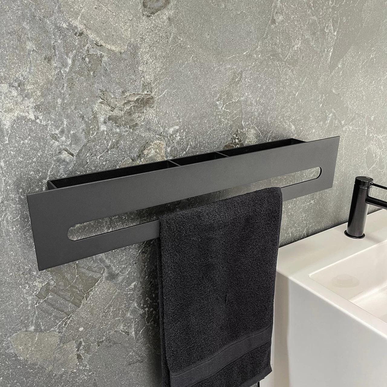 metal shelf with towel hanger
floating shelf
floating shelves
bathroom shelf
bathroom shelves
bathroom storage
black shelf
wall shelf
wall shelves
durable metal shelf
industrial shelf
narrow shelf
small shelf